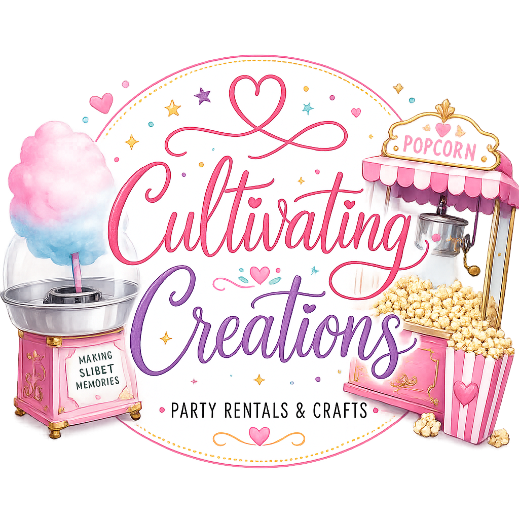 Cultivating Creations Party Rentals and Crafts pink logo with cotton candy and popcorn machine illustrations.