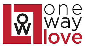 One Way Love logo featuring bold red and black geometric design with stylized OWL monogram icon.