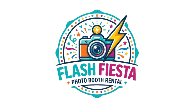 Flash Fiesta Photo Booth Rental logo with vintage camera, lightning bolt, and festive confetti elements.