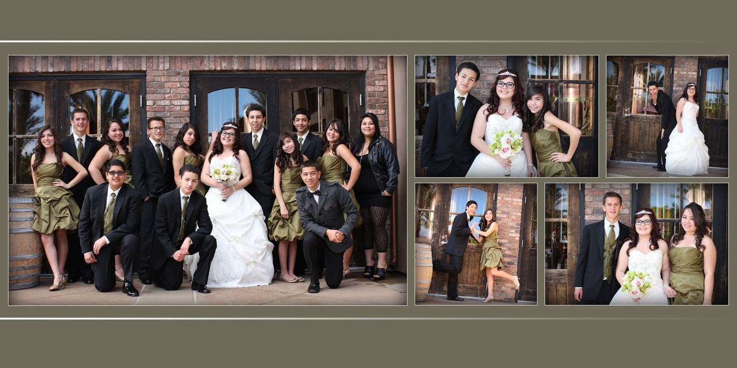 Wedding party poses outside elegant venue with bride in white gown, groom in tuxedo, and bridesmaids in olive dresses.