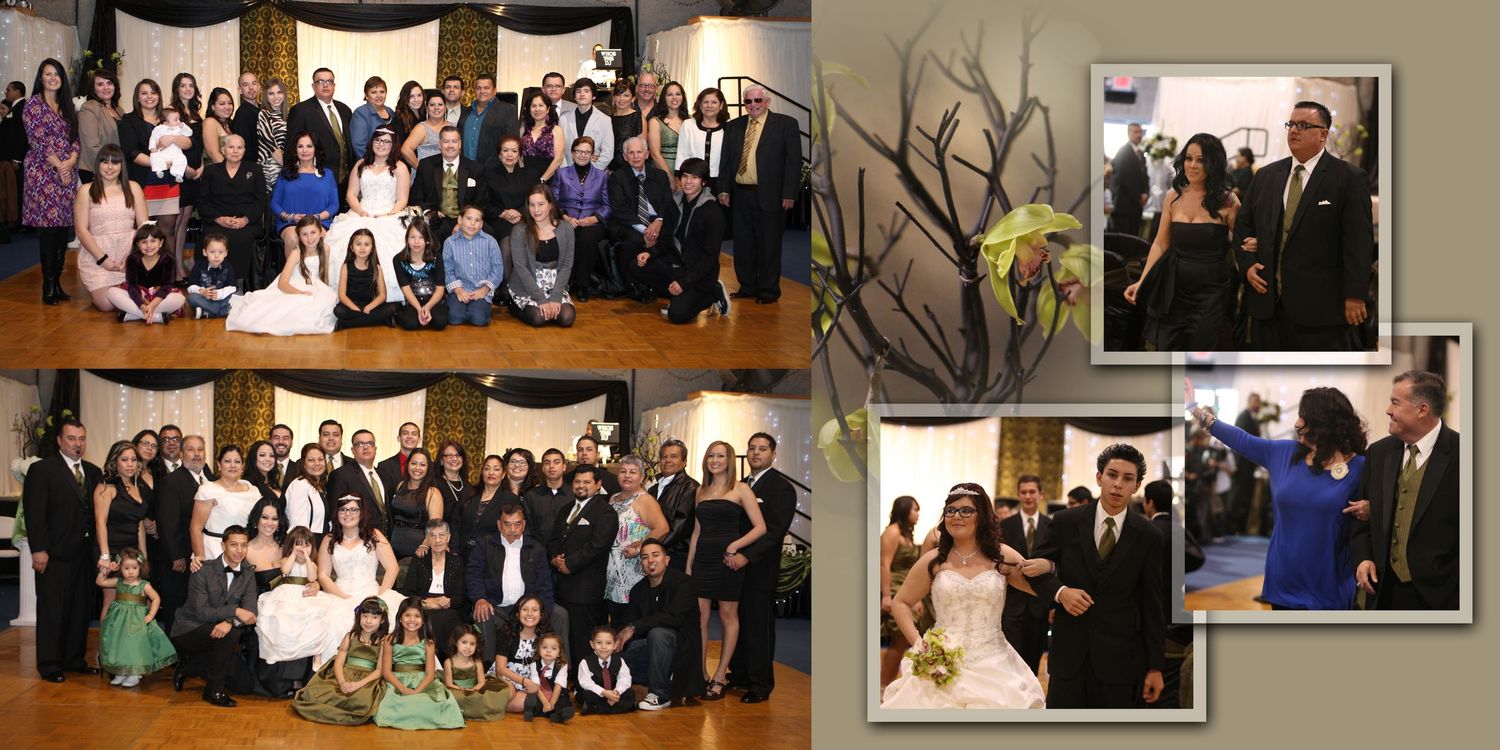 Wedding party group photos and ceremony moments captured in a collage of formal indoor celebration pictures.