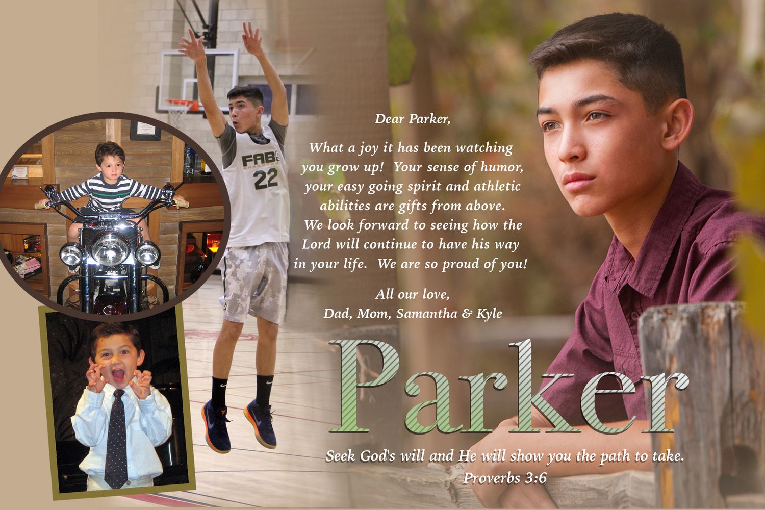 A personalized photo collage for Parker featuring multiple portraits of a teenage boy with a heartfelt family dedication message.