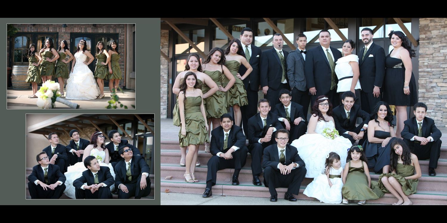 Wedding party poses in black and olive green attire on stone steps, featuring bride in white gown with groom.