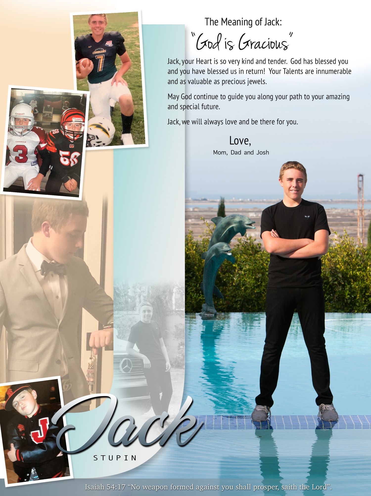 Graduation tribute collage for Jack Stupin featuring football photos, formal portrait, and poolside photo with heartfelt family message.