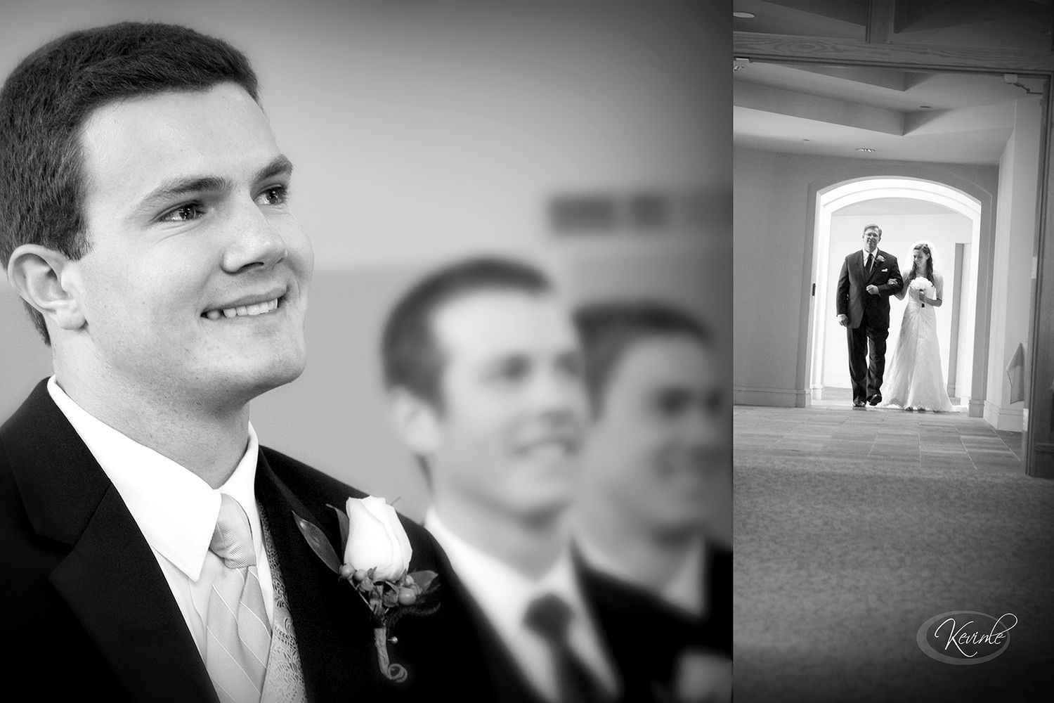 Groom smiles joyfully as bride walks down the aisle in a classic black and white wedding ceremony collage.