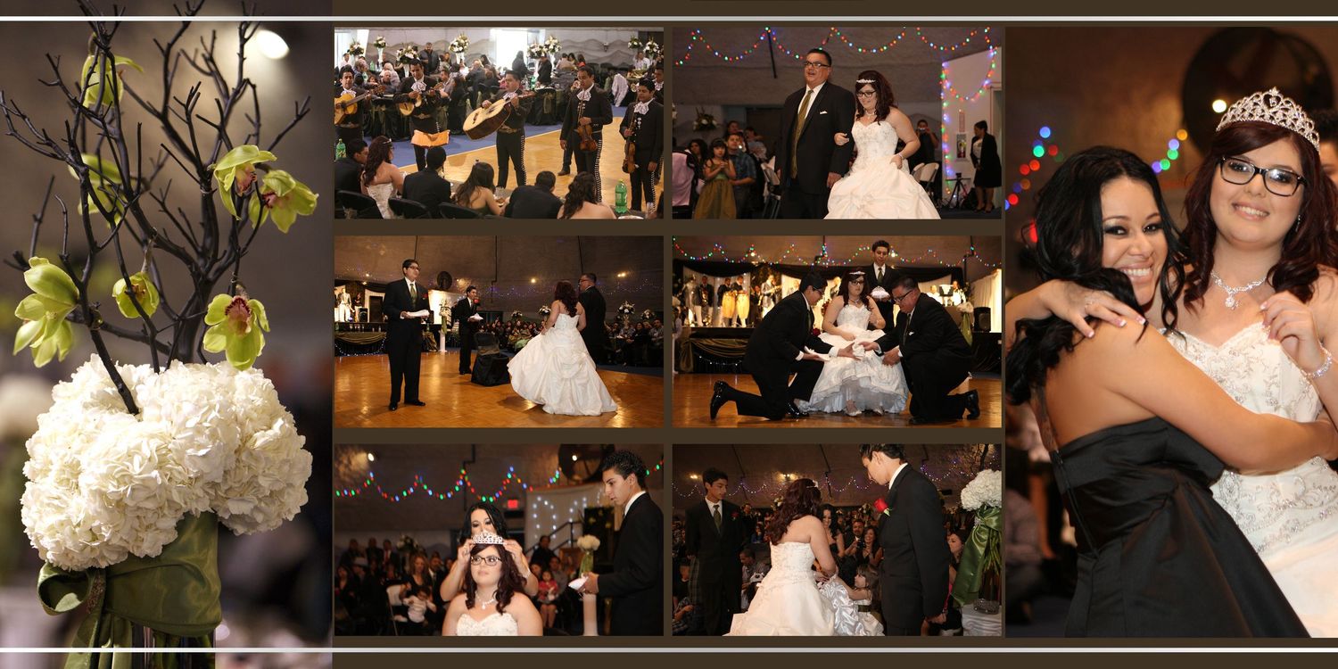 Elegant wedding reception collage featuring bride and groom dancing, guests celebrating, and floral centerpieces in a decorated ballroom.