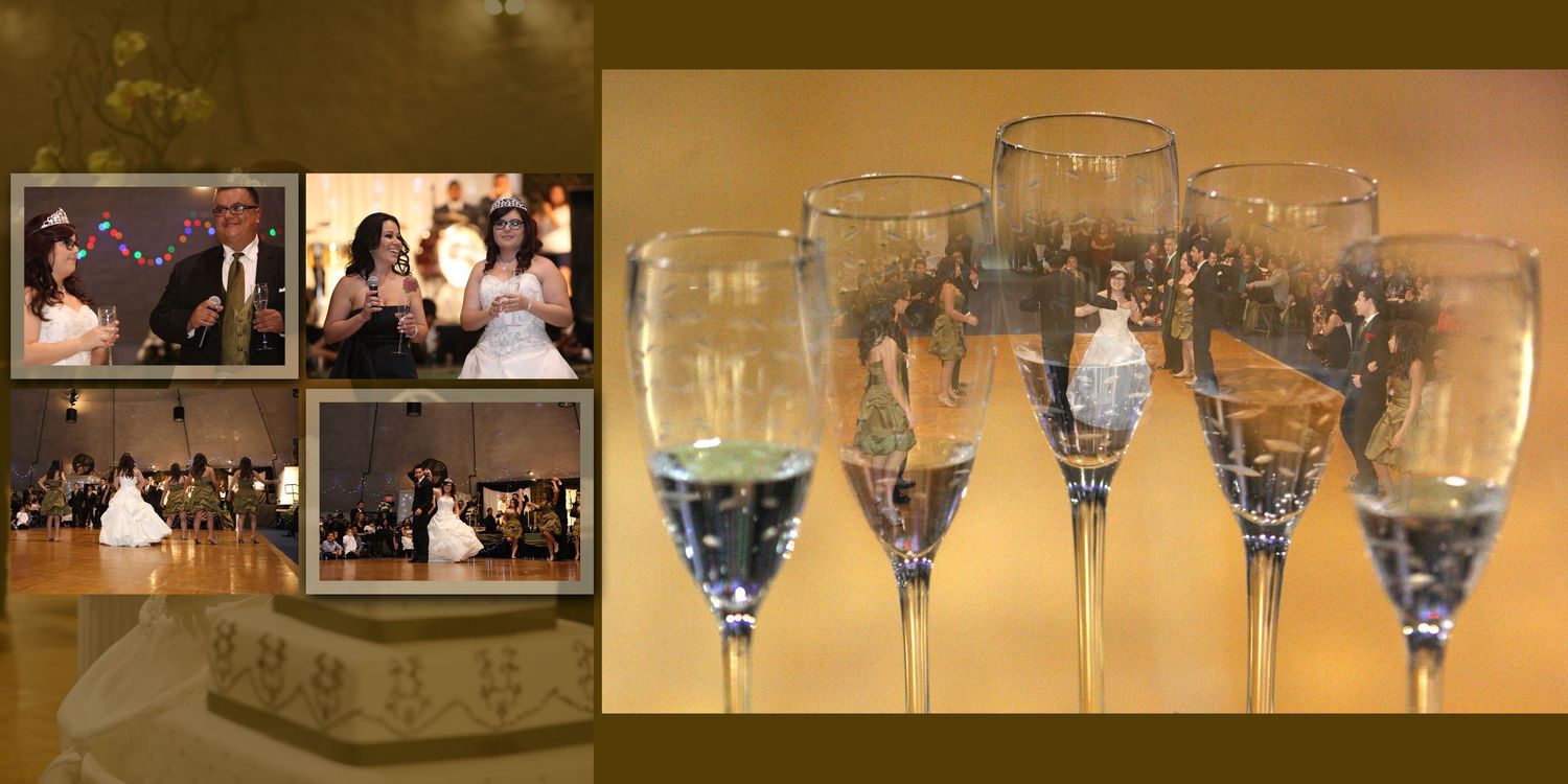 Elegant wedding reception collage featuring champagne flutes, dancing guests, and celebratory toasts in a golden-hued ballroom setting.