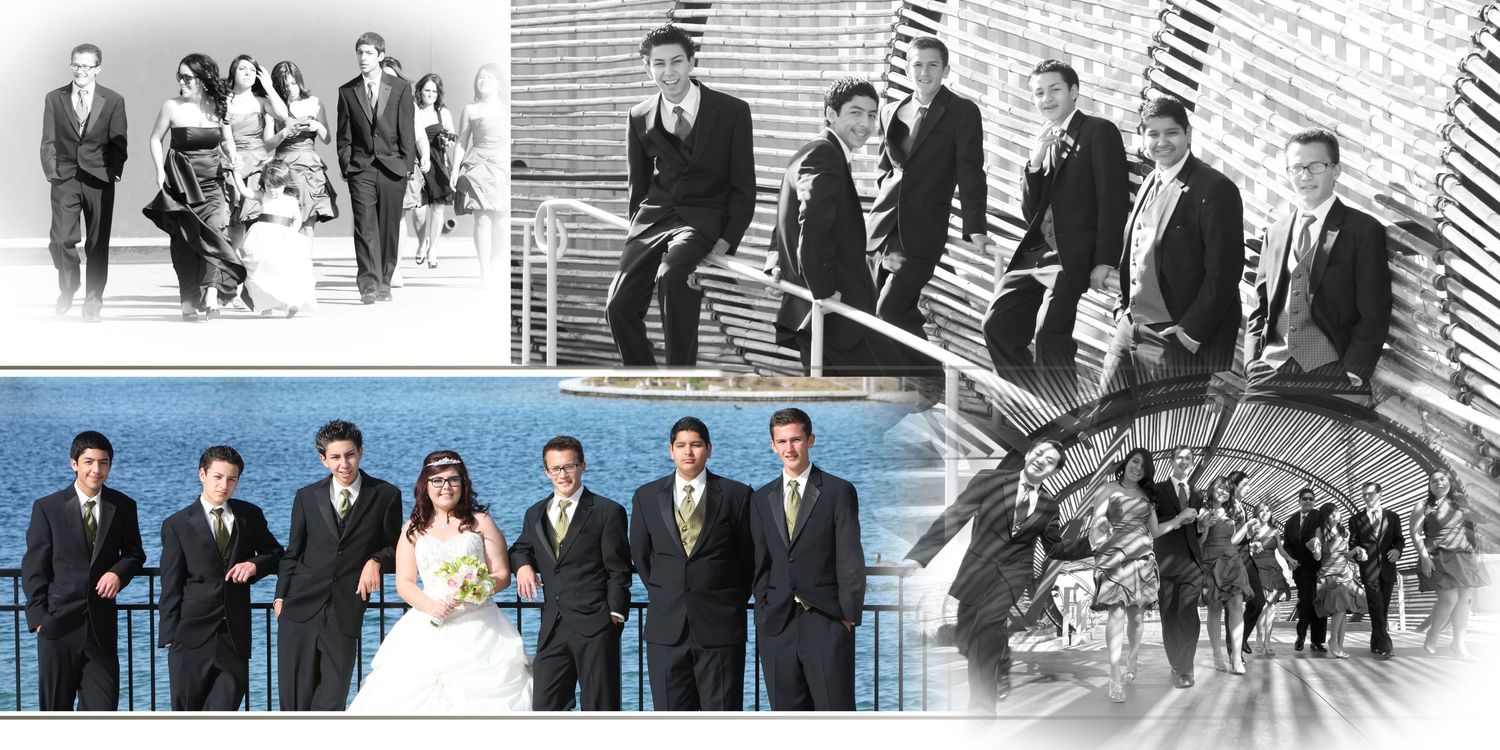 Wedding party poses for formal photos in black and white and color, featuring groomsmen, bridesmaids, and bride and groom outdoors.