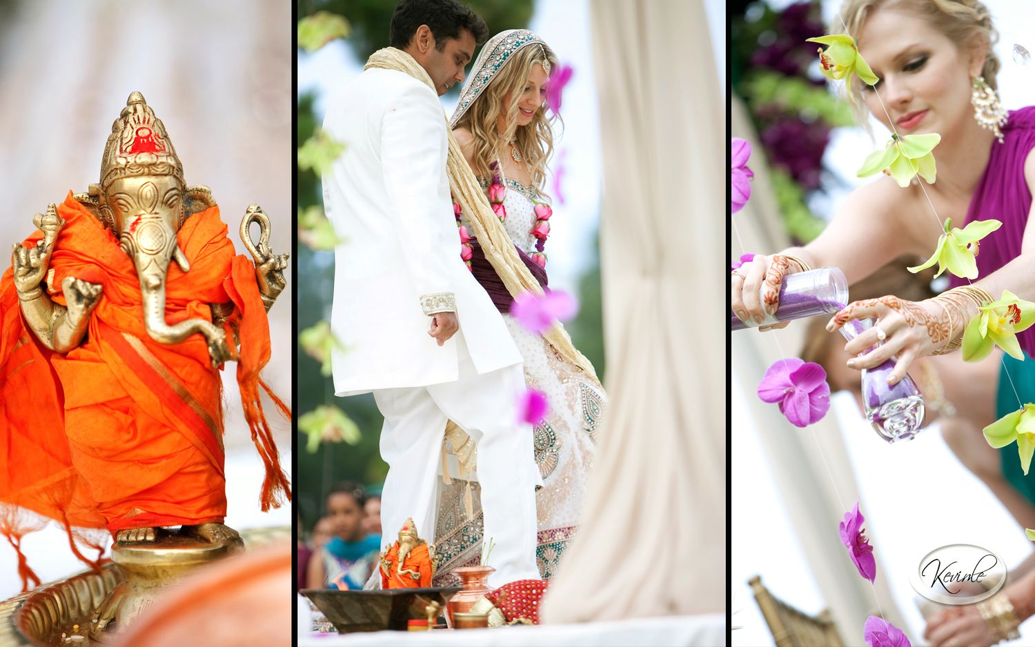 Indian wedding ceremony with Ganesh statue, bride and groom exchanging garlands, and guests tossing colorful flower petals.