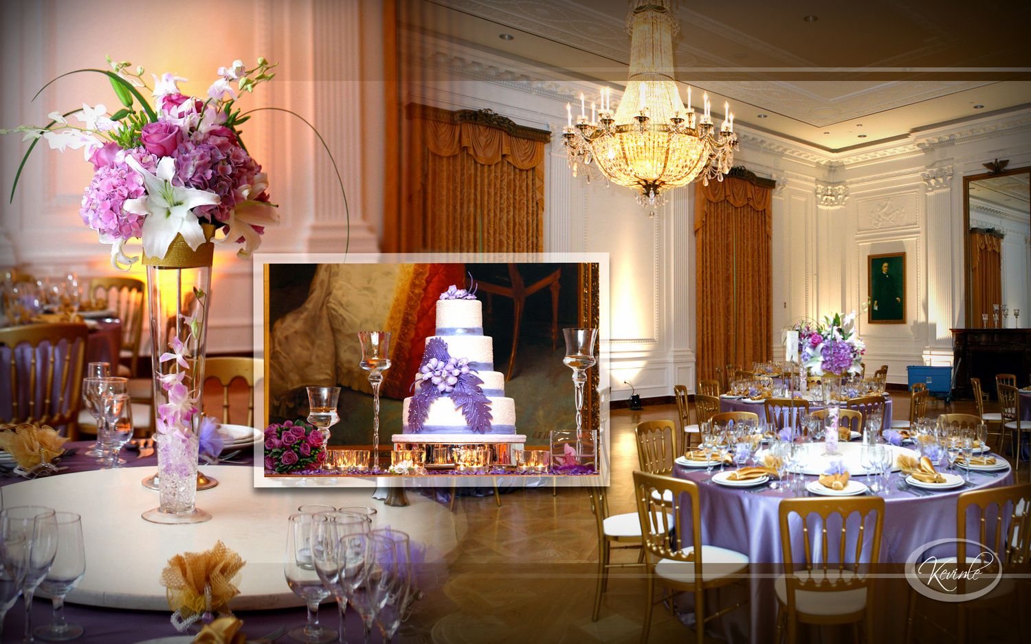 Elegant wedding reception hall with purple floral centerpieces, gold chairs, chandelier lighting, and a tiered white wedding cake inset.
