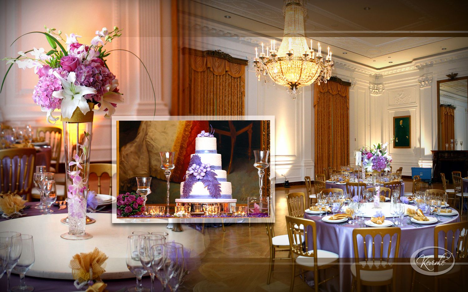 Elegant wedding reception hall with purple floral centerpieces, gold chairs, and decorated wedding cake display.