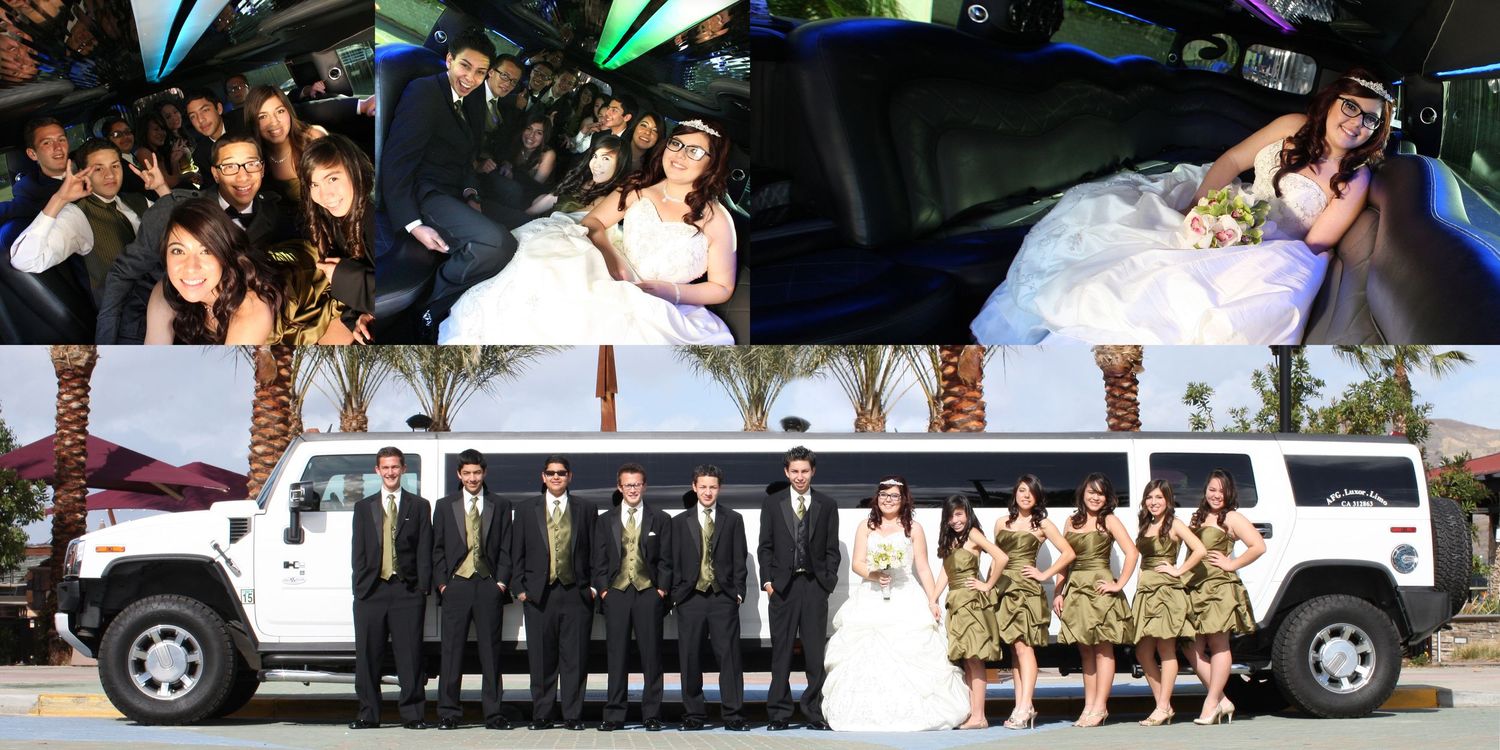 Wedding party poses beside a white Hummer limo, with bride and groom celebrating inside the vehicle with guests.