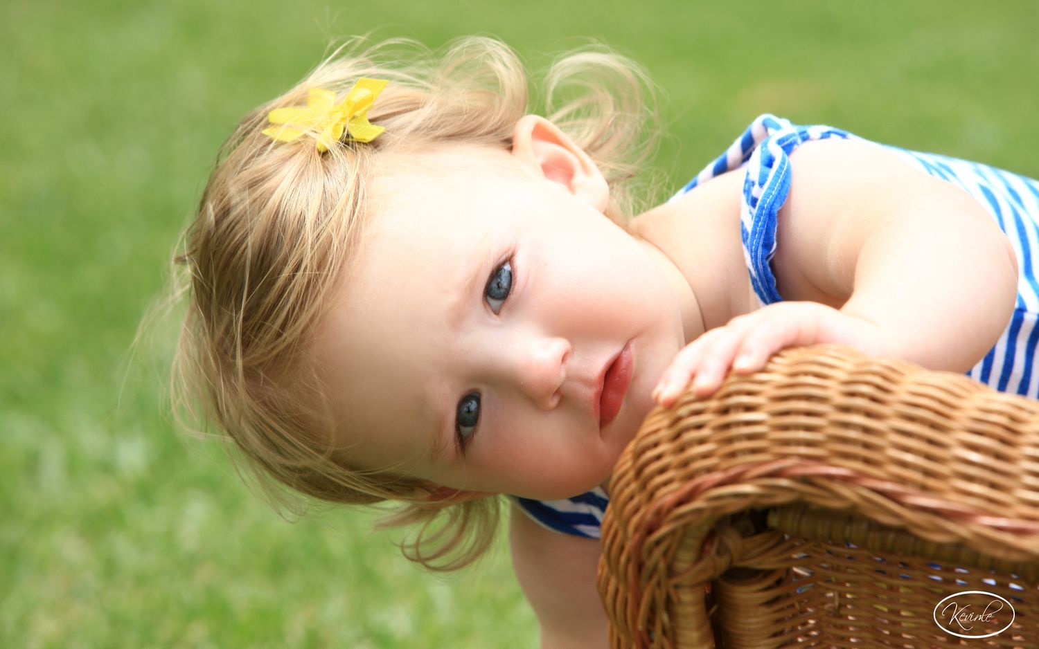 Adorable blonde toddler girl with a yellow flower clip leaning over a wicker basket on green grass.