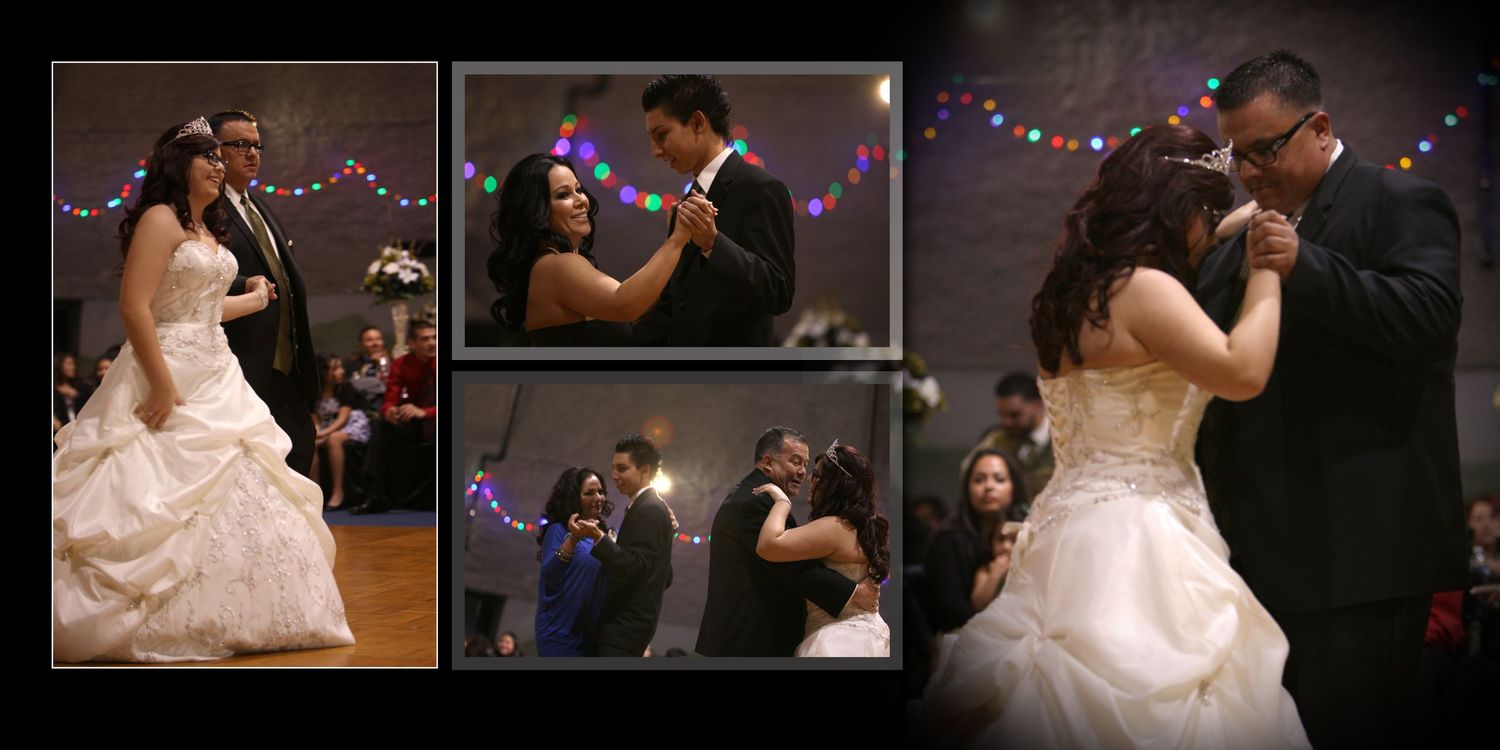 Bride and groom share their first dance at wedding reception, wearing white gown and black tuxedo.