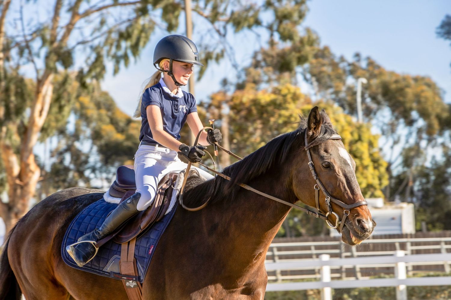 Young child in helmet riding a brown horse at an equestrian arena.