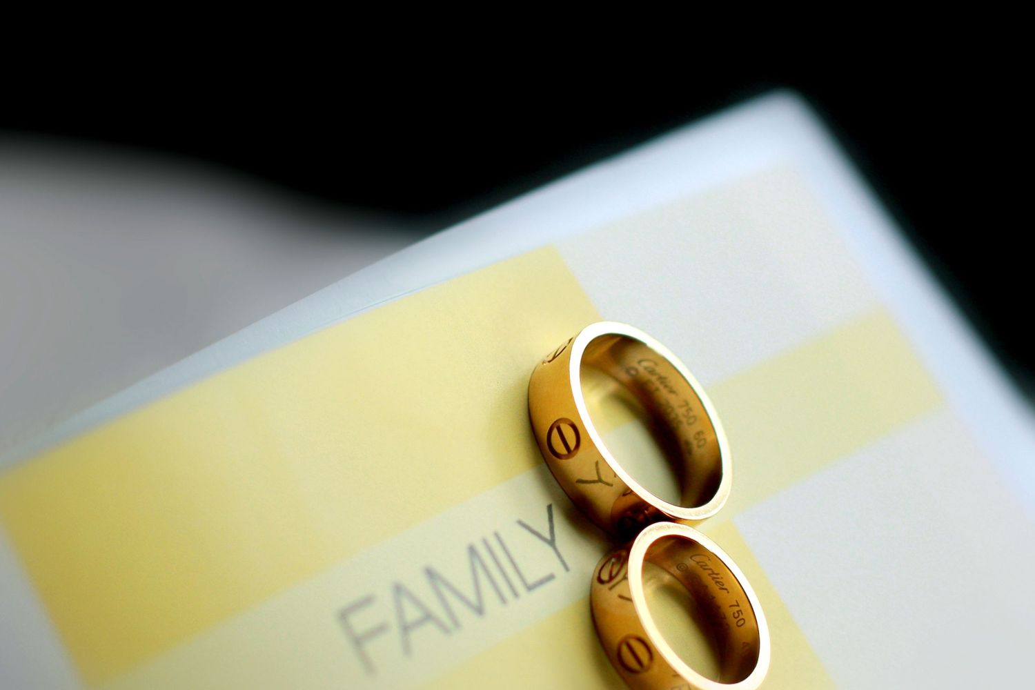 Two gold wedding rings resting on a family document, symbolizing marriage and family unity.
