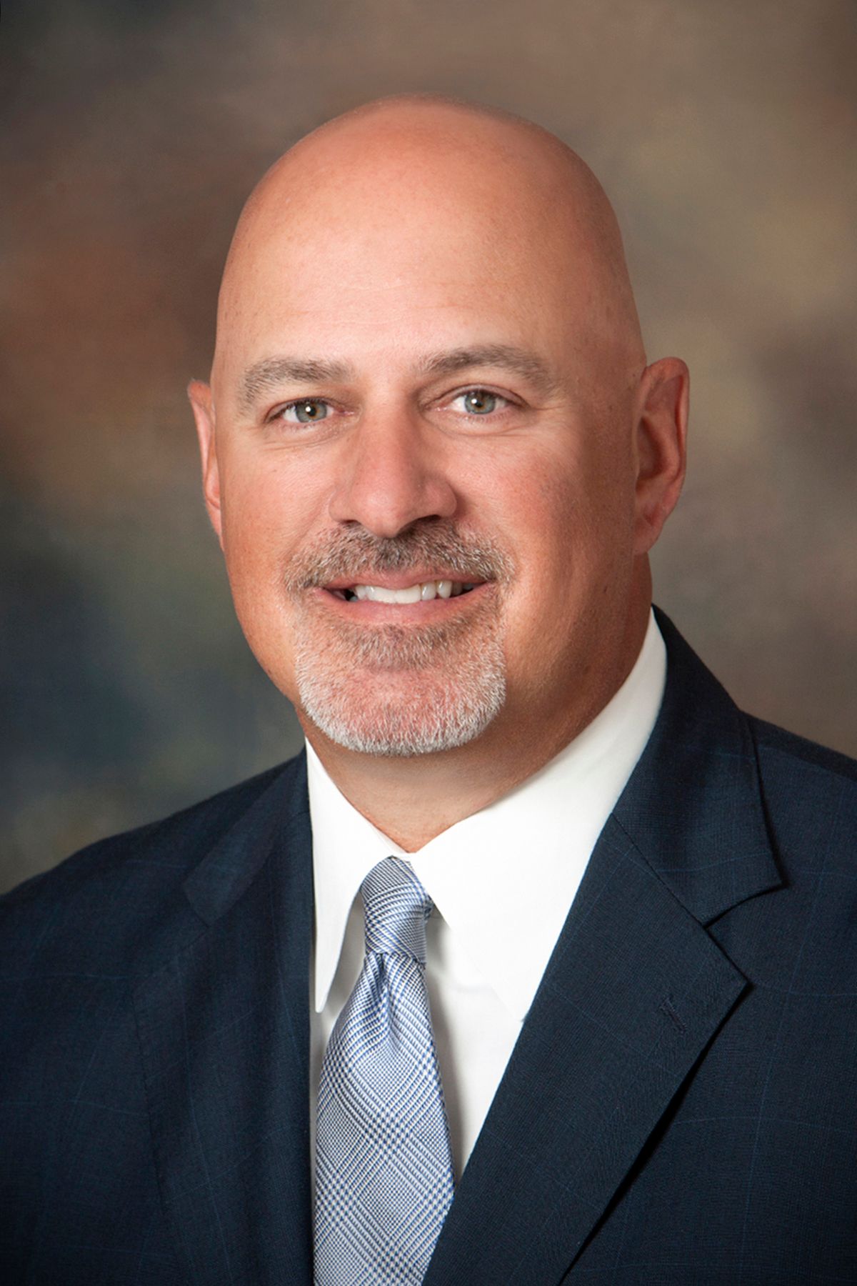 Professional headshot of a bald man with a goatee wearing a dark suit and gray tie on a studio background.