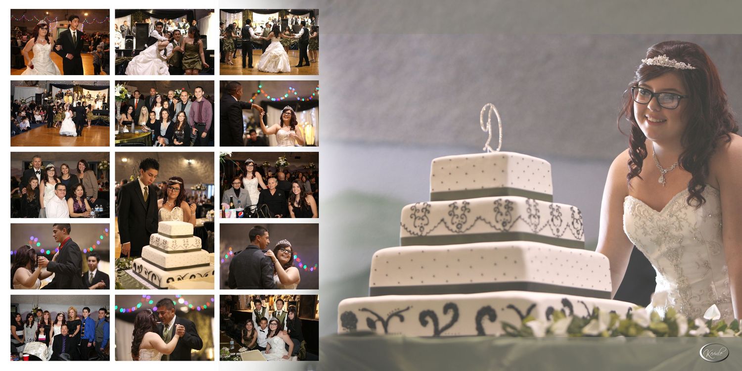 Elegant wedding reception collage featuring cake cutting, first dance, and group photos with a beautiful tiered white wedding cake.