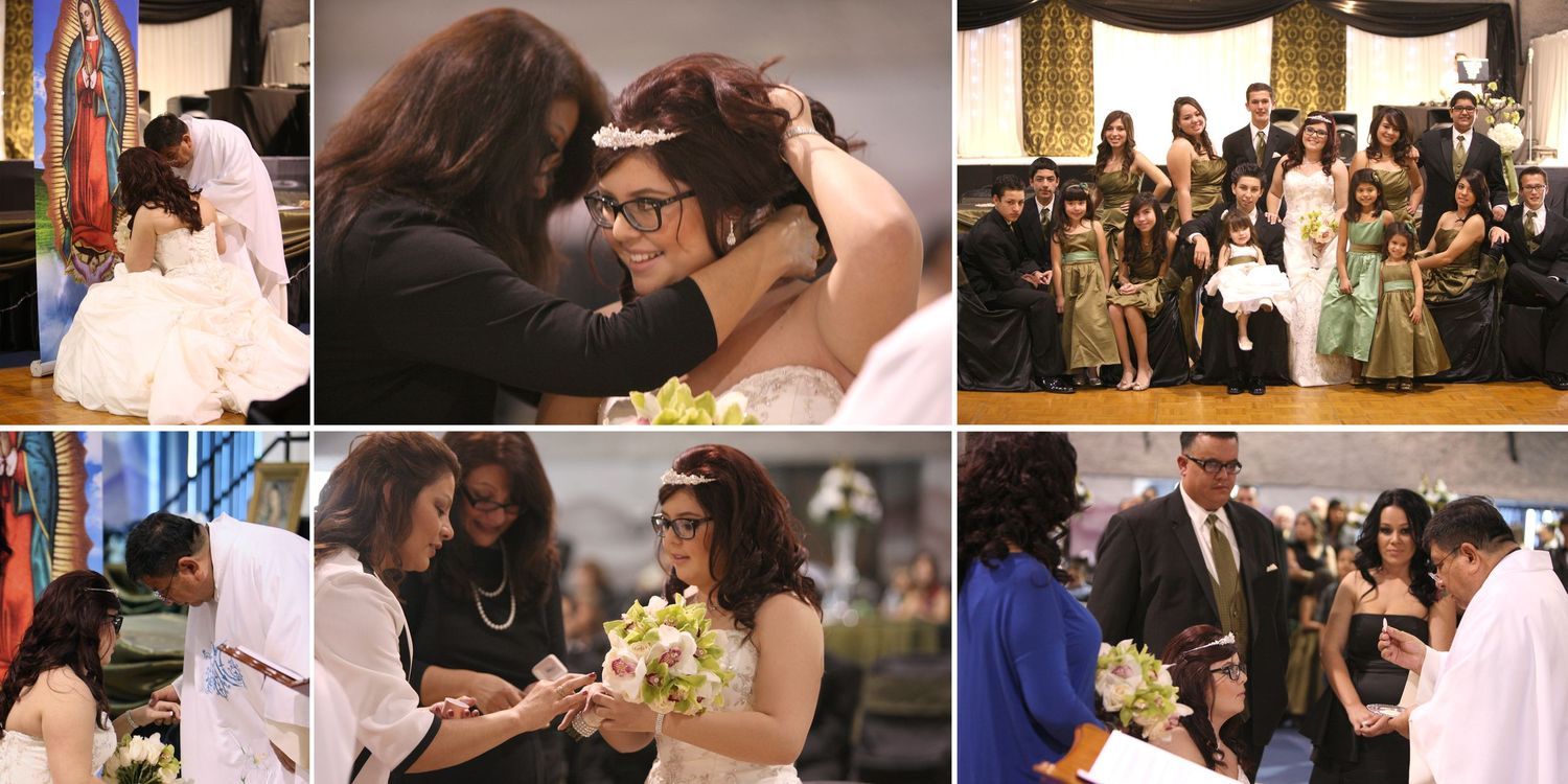 Quinceañera ceremony with tiara crowning, ring exchange, and wedding party in formal attire inside a decorated church.