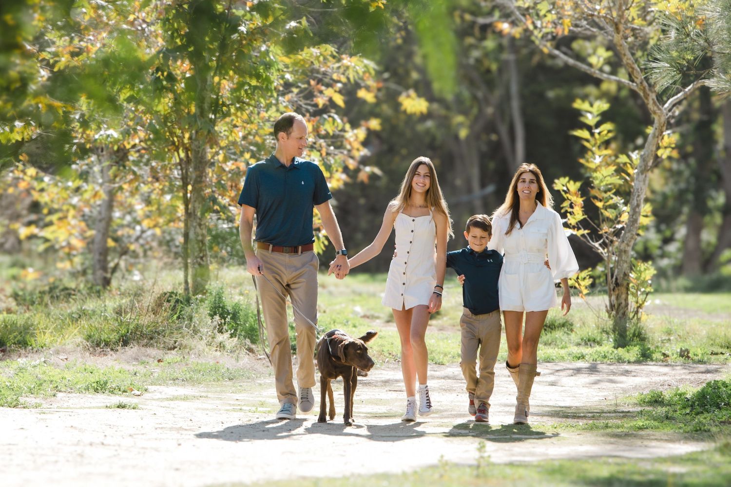 Family of four walking with brown dog on sunny tree-lined path, parents holding hands with children outdoors.