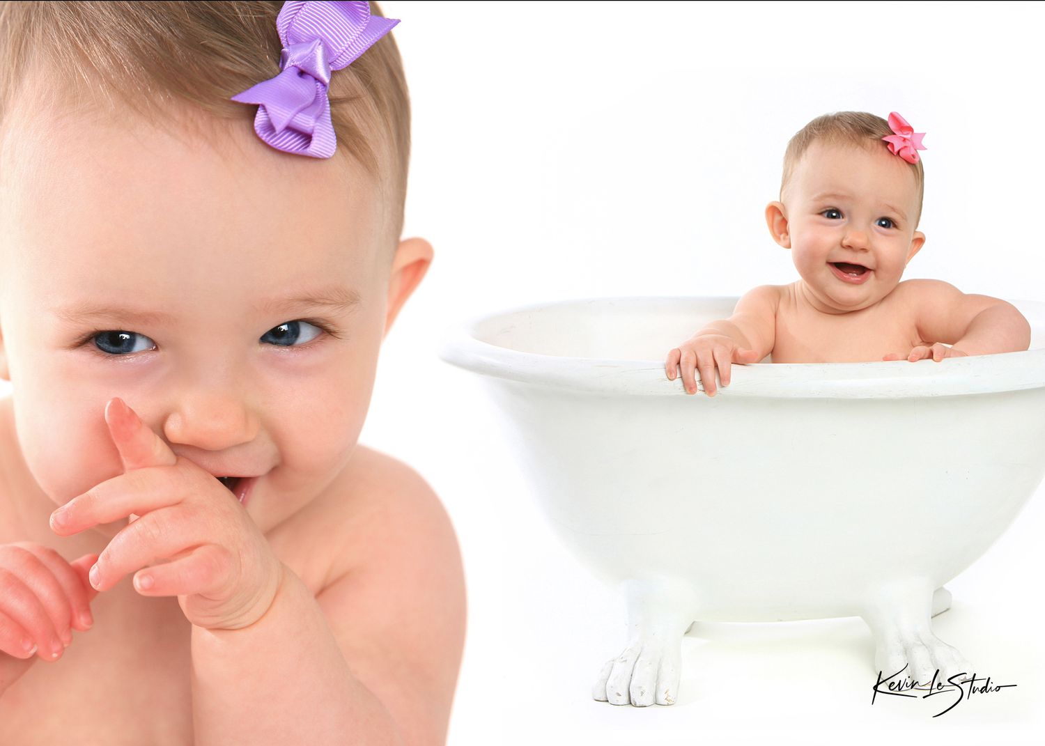 An adorable baby girl with a bow sits in a tiny white clawfoot bathtub in a studio portrait.