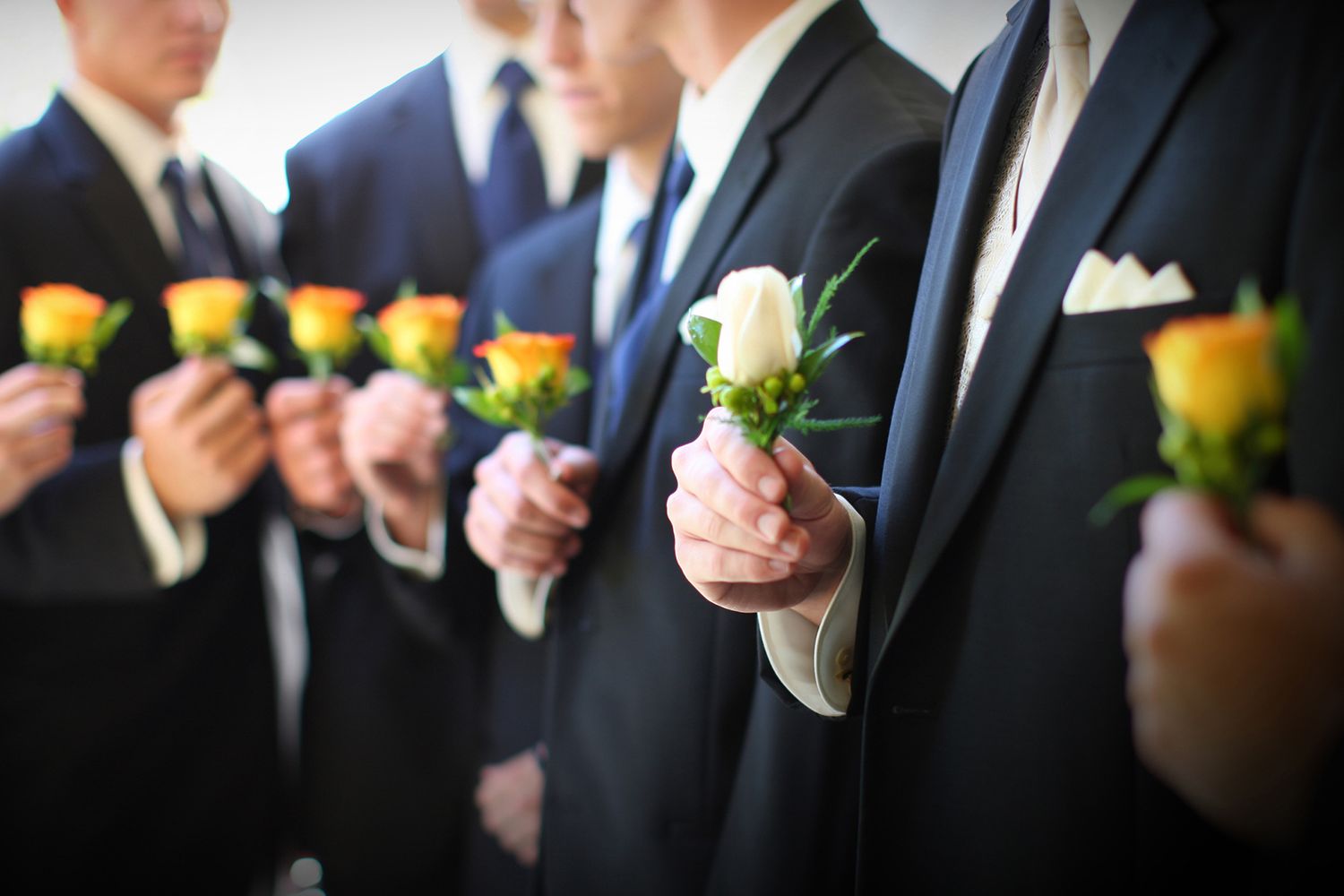 Groomsmen in black suits holding yellow and white rose boutonnieres at wedding.