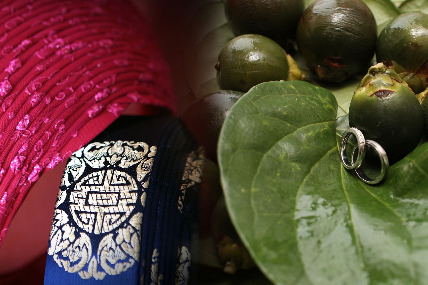 Close-up collage of wedding rings on green leaf beside colorful traditional fabric and beads.
