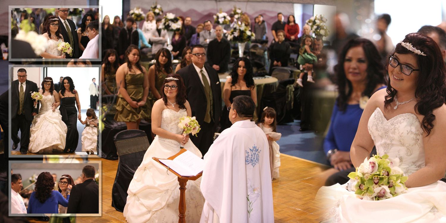 Elegant quinceañera ceremony with young woman in white gown exchanging vows with priest at decorated church altar.