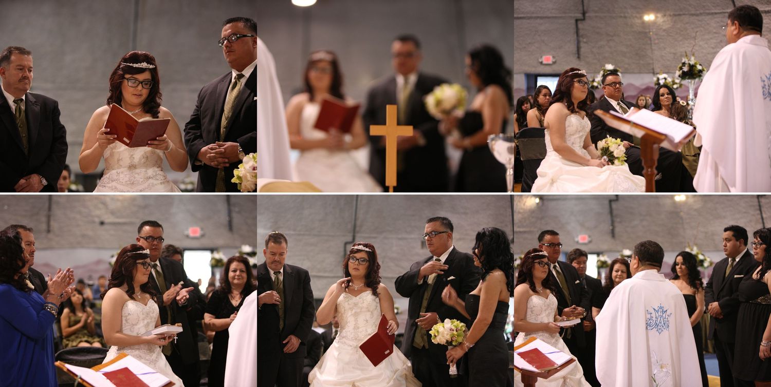 Wedding ceremony collage showing bride and groom exchanging vows before a cross, with guests and officiant present in a church.
