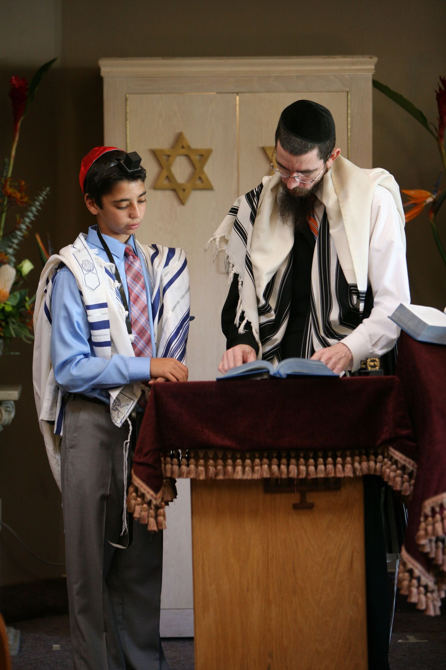 Rabbi and boy reading from Torah at a Bar Mitzvah ceremony, wearing tallit prayer shawls, Star of David visible.