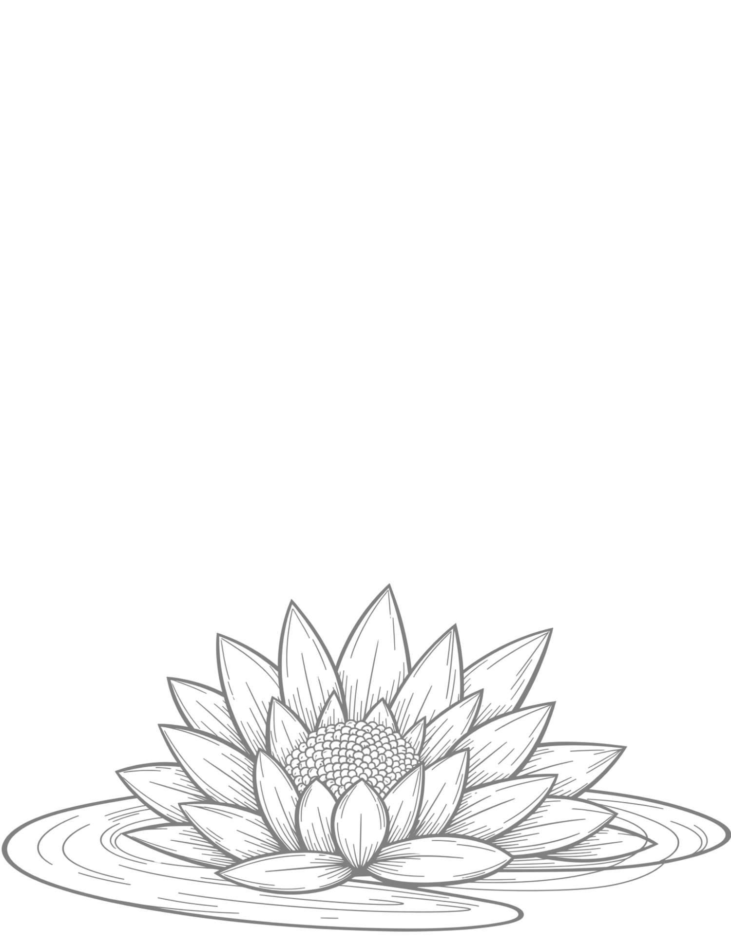A detailed line drawing of a lotus flower floating on water, with layered petals and rippling waves around it.