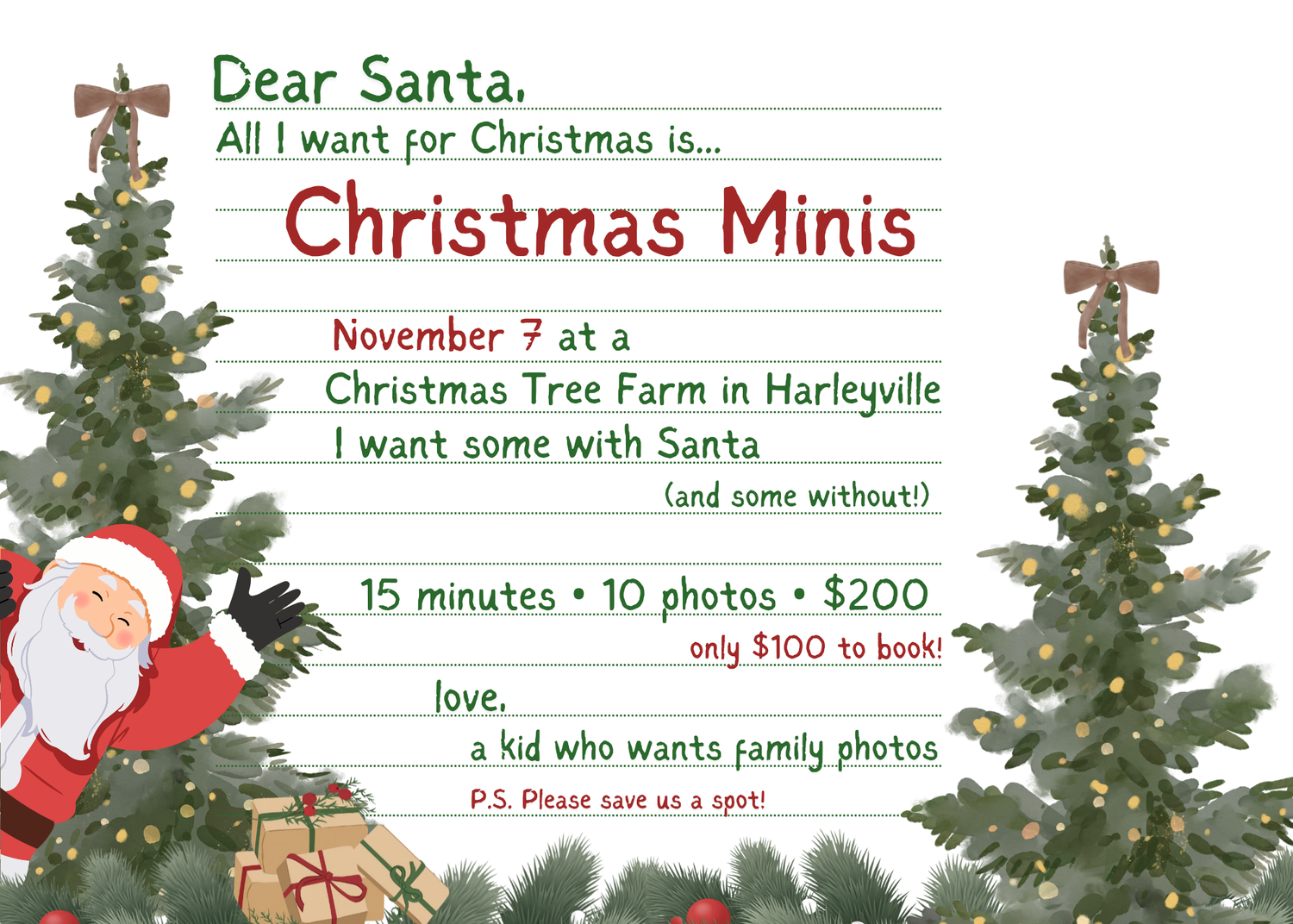 Christmas mini photo sessions flyer with Santa at a tree farm in Harleyville, November 7, 15 minutes, 10 photos for $200.