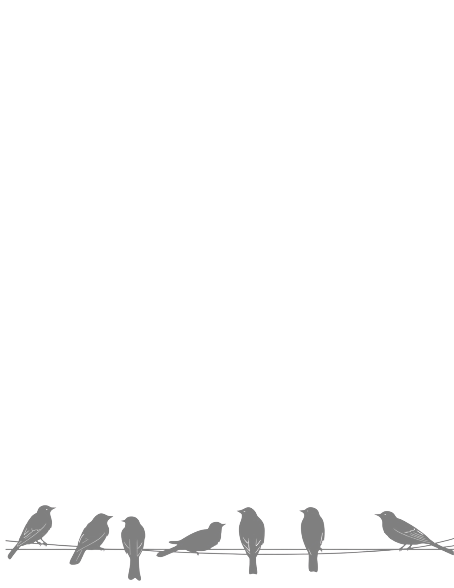 Seven gray bird silhouettes perched on a wire, minimalist decorative illustration on white background.