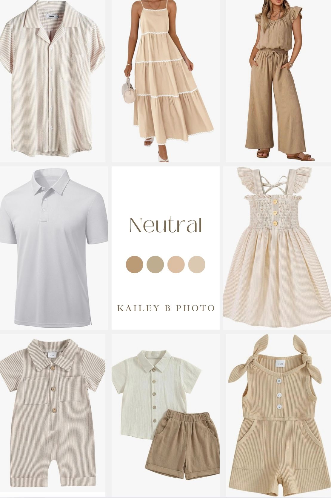A collection of neutral beige and white children's clothing items including dresses, shorts, and tops arranged in a grid pattern.