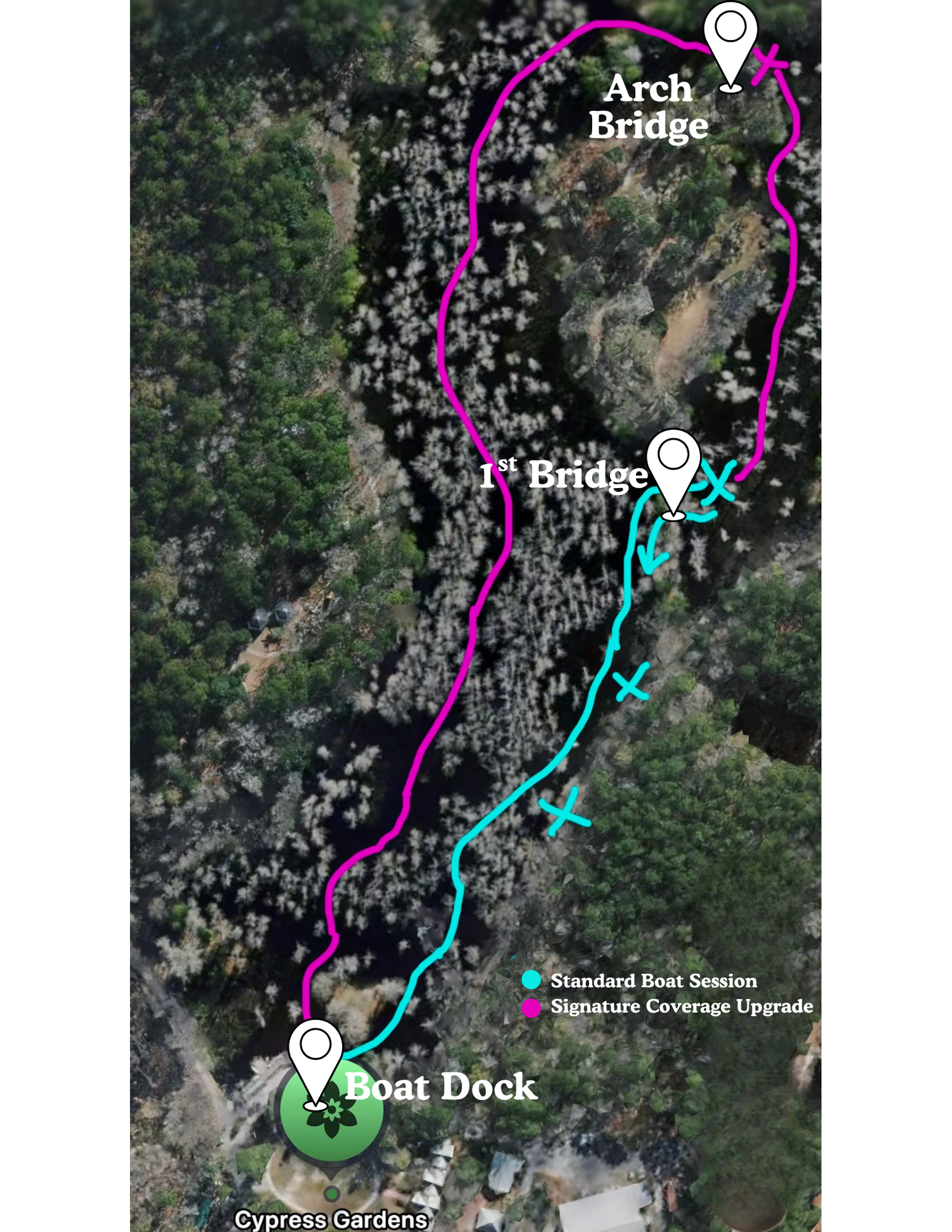 Aerial map of Cypress Gardens boat tour routes showing Standard and Signature sessions from Boat Dock to Arch Bridge.