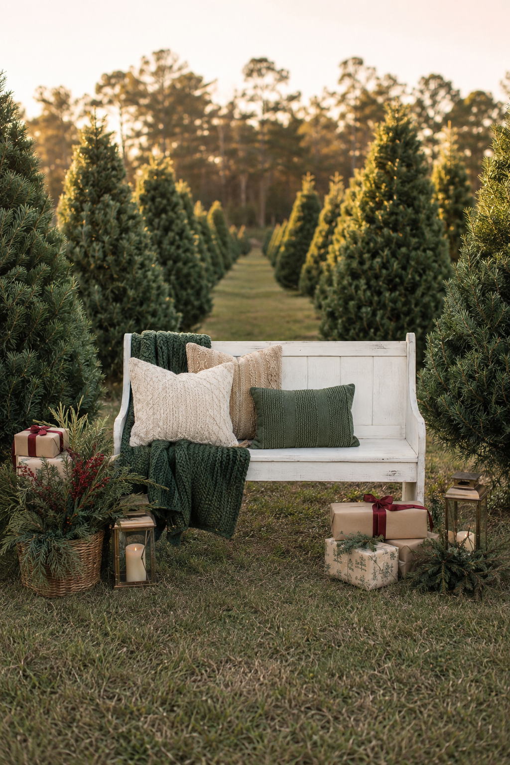 White bench with green and cream pillows at a Christmas tree farm, surrounded by wrapped gifts and lanterns at golden hour.