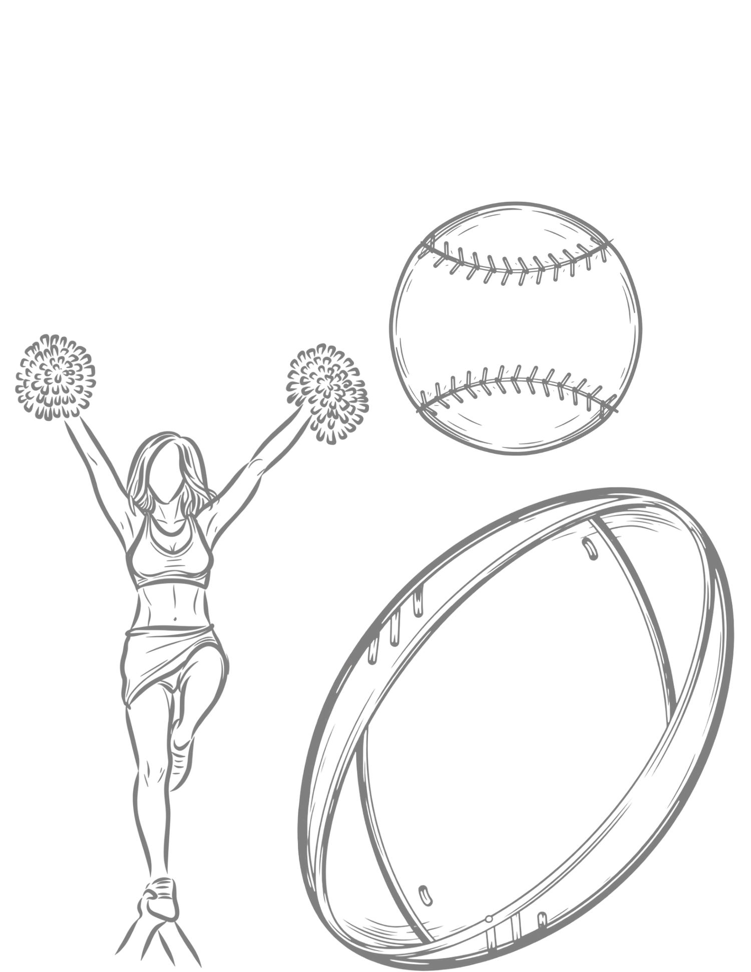 Sketch illustration of a cheerleader with pom-poms, a baseball, and a football, representing sports and athletics.