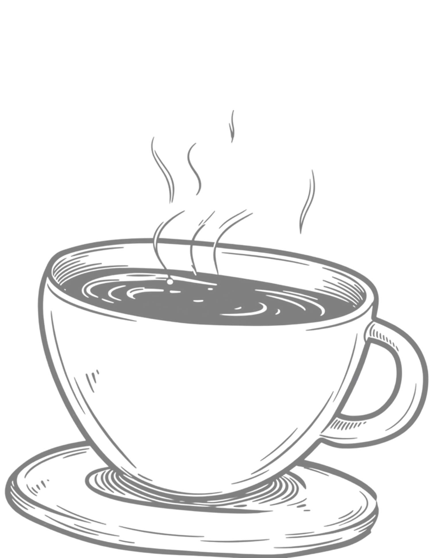 Hand-drawn sketch of a steaming hot coffee cup on a saucer, illustrated in gray tones.