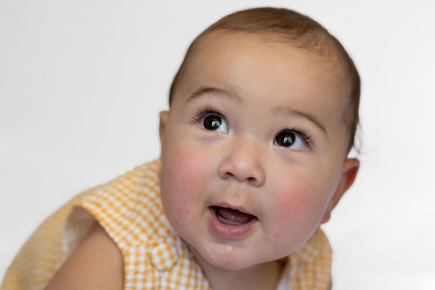 Adorable baby with rosy cheeks and wide dark eyes wearing a yellow gingham outfit against a white background.