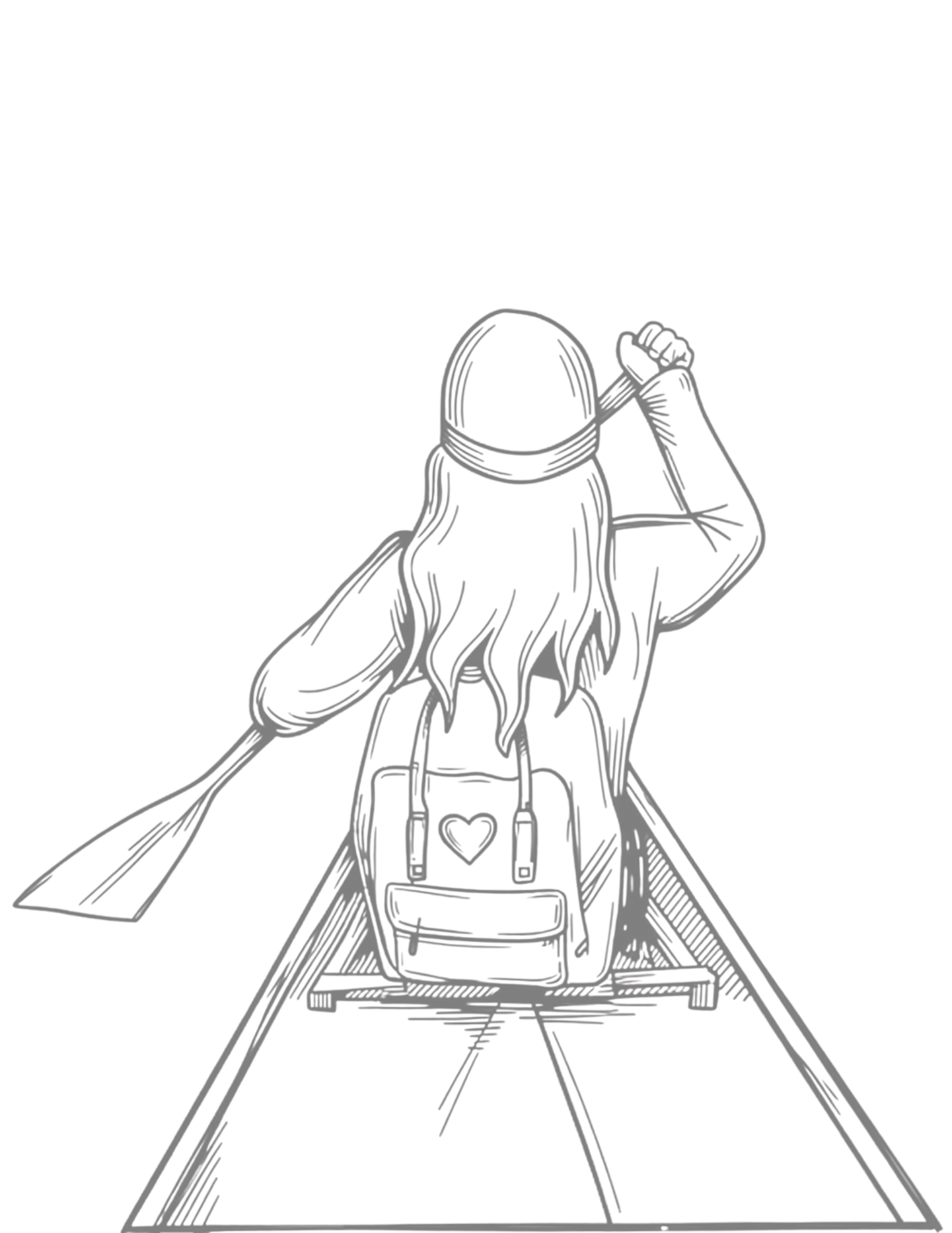 Sketch of a girl with long hair paddling a canoe, wearing a backpack with a heart, viewed from behind.