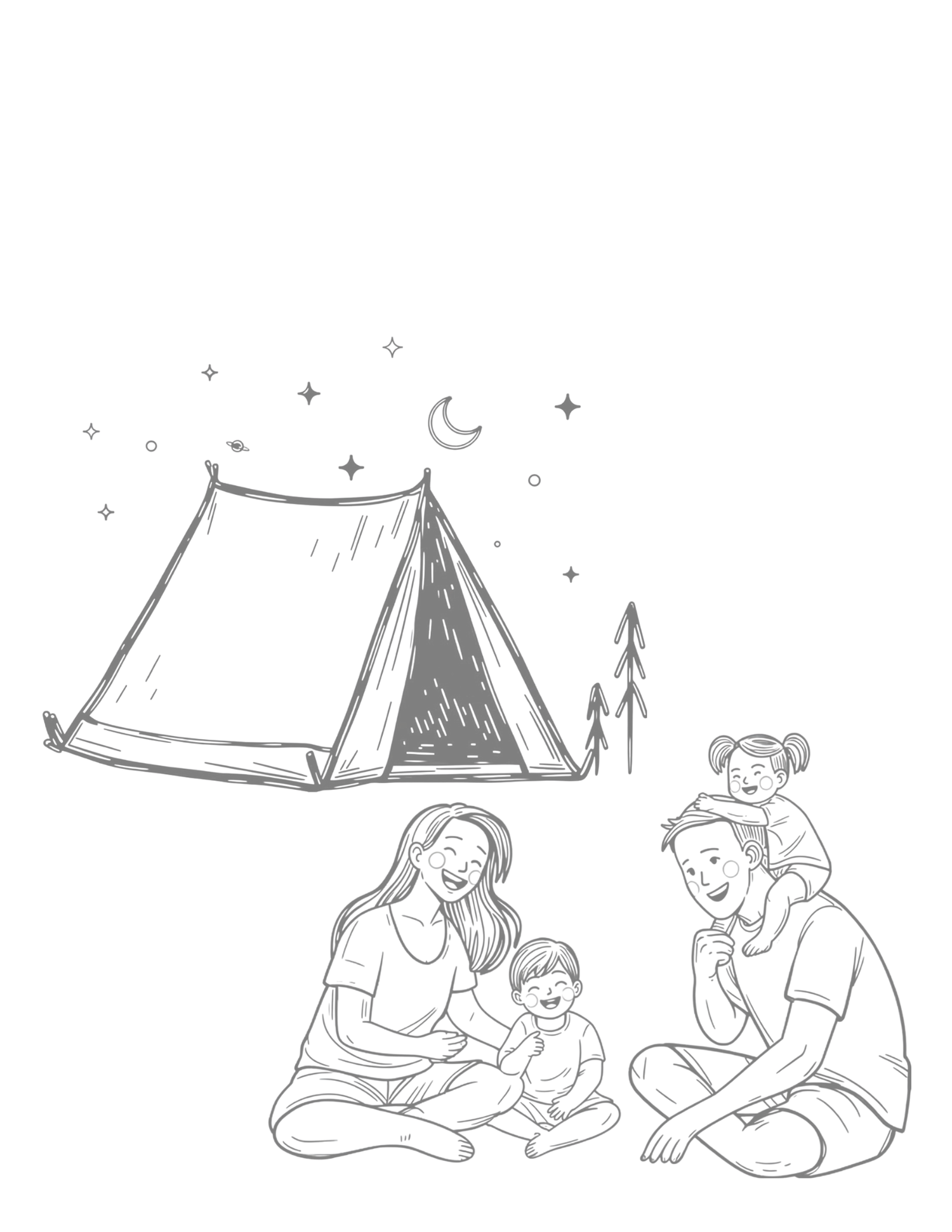 Sketch of a family camping under stars with a tent, crescent moon, and parents sitting with two young children.