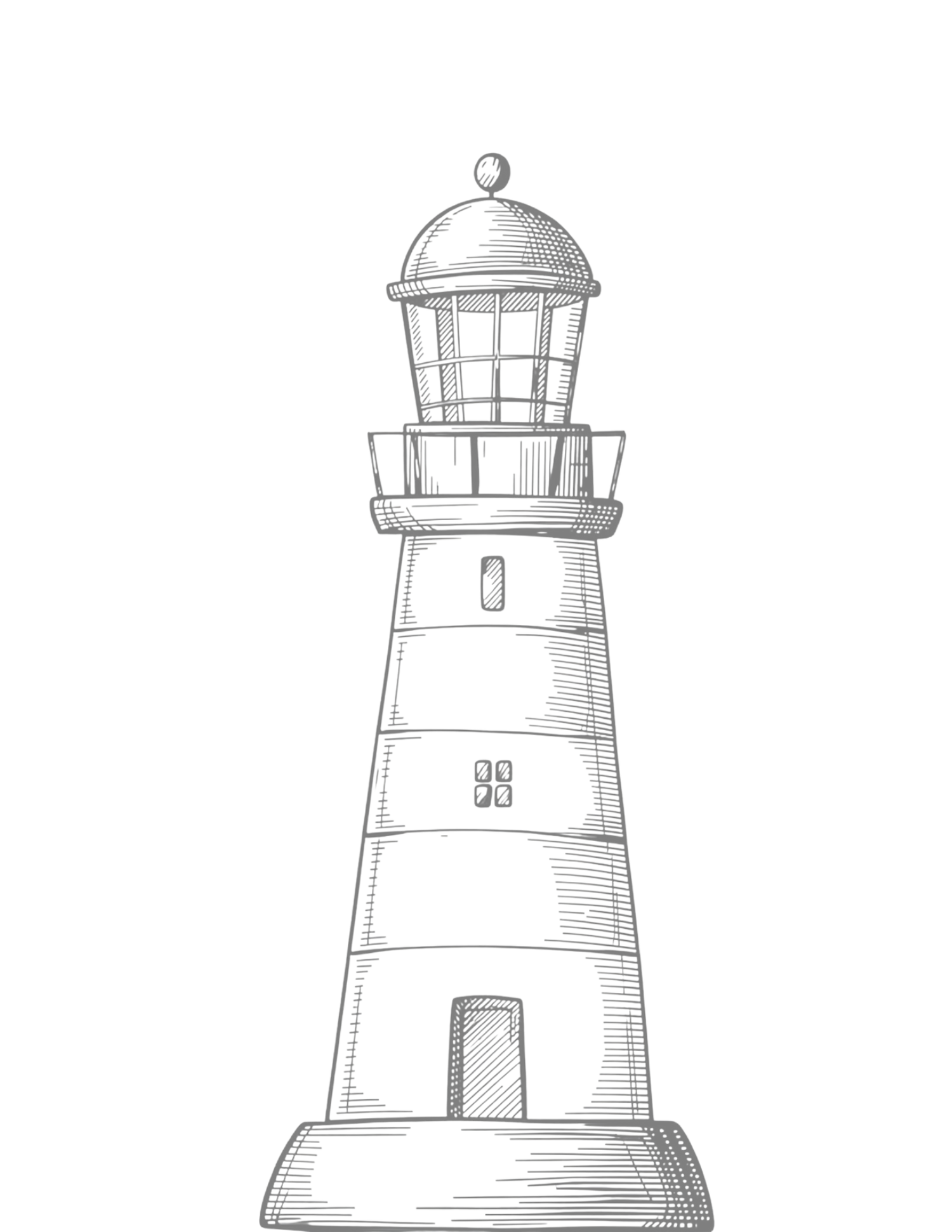 A detailed pencil sketch illustration of a classic lighthouse with striped tower, lantern room, and stone base.