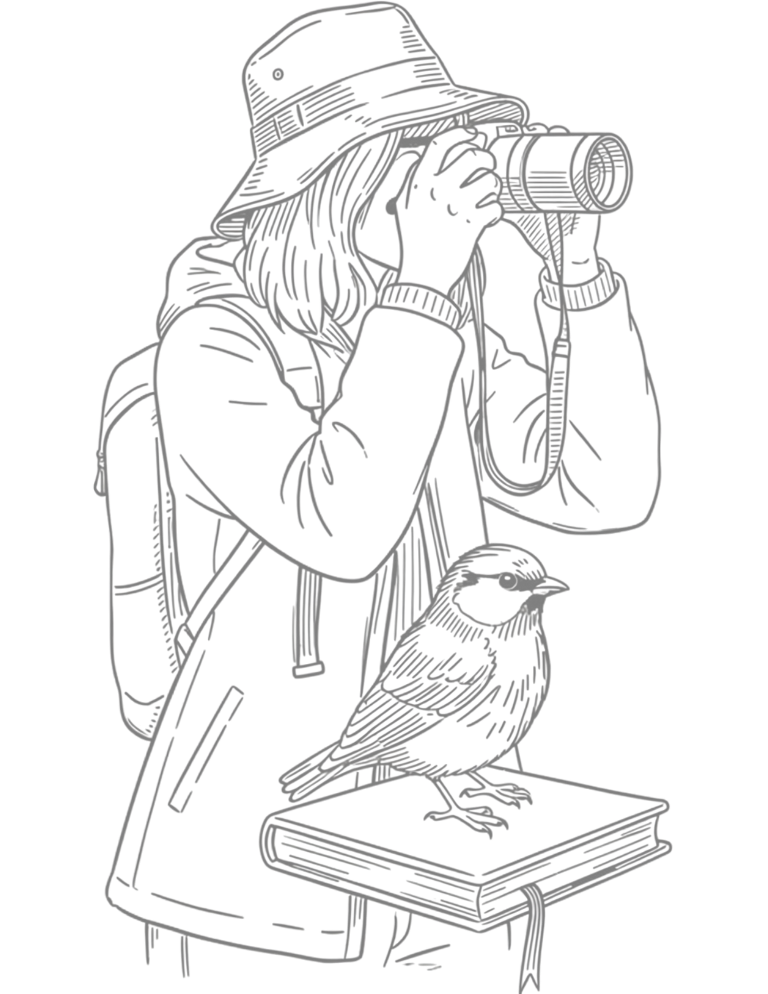 A woman in a bucket hat uses binoculars while a small bird perches on a book beside her.