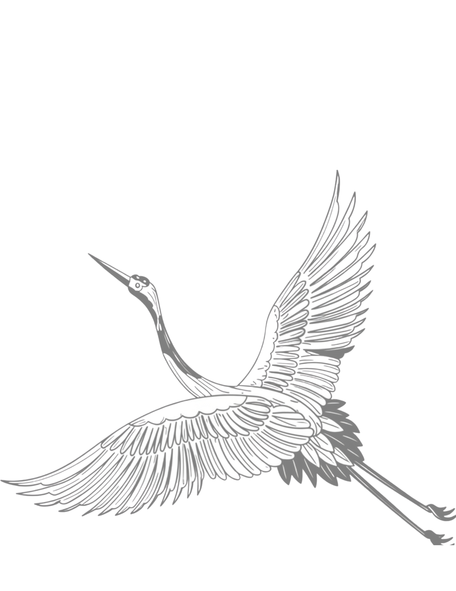A graceful red-crowned crane in flight with wings spread wide, rendered in elegant gray line art illustration.