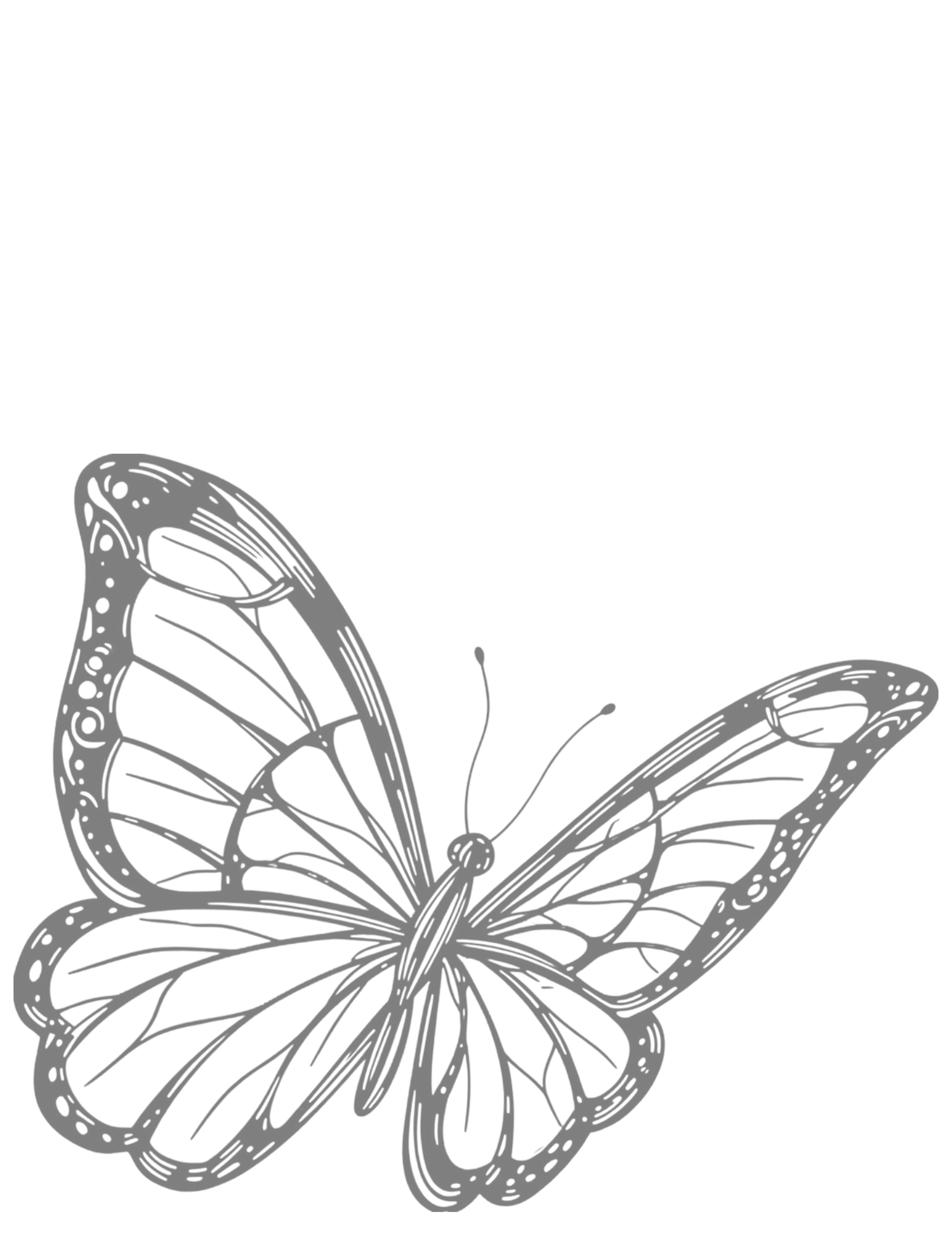 A detailed grayscale sketch of a monarch butterfly with intricate wing patterns, shown in a dynamic flying pose.