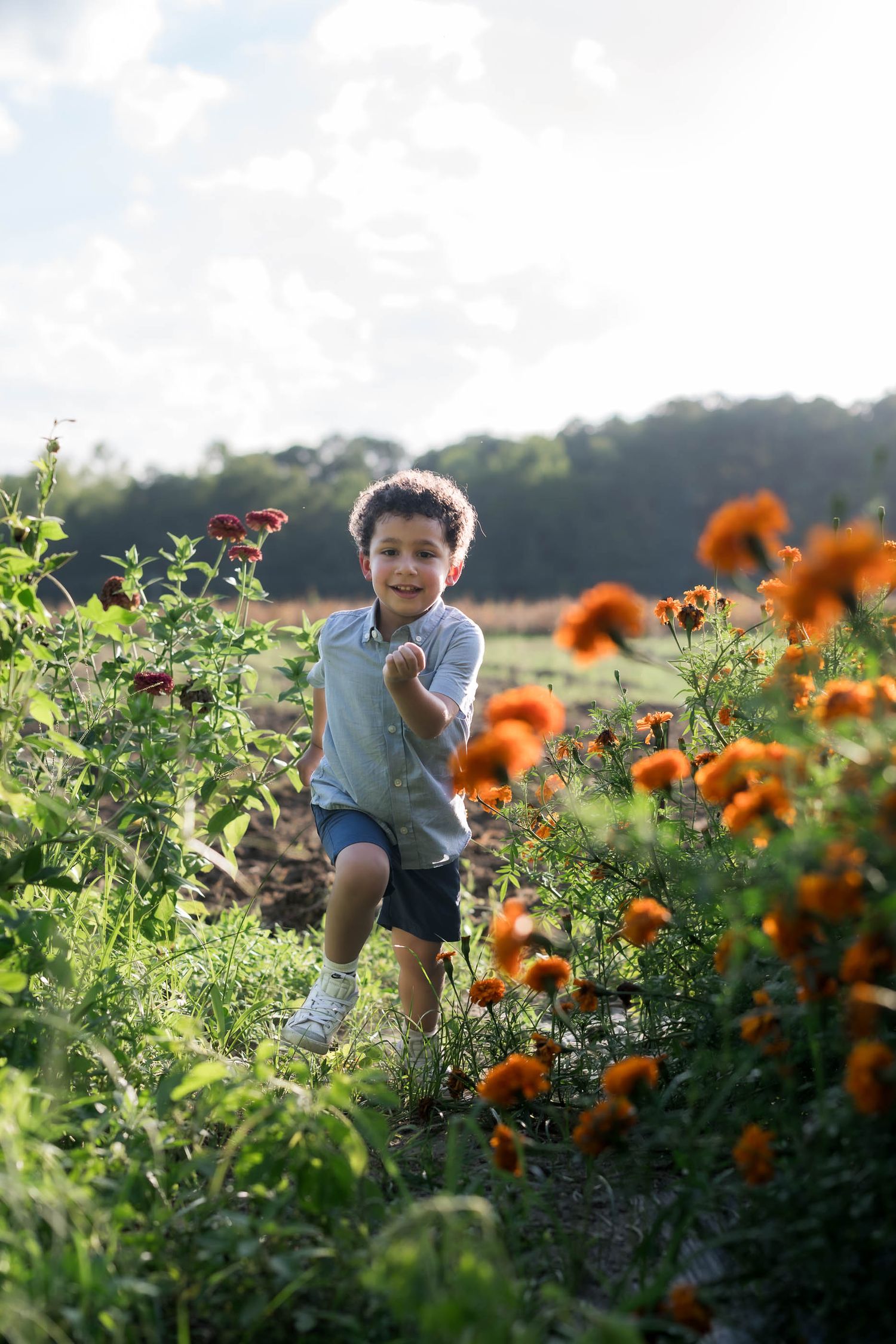A joyful young boy runs through a vibrant flower field with orange marigolds on a sunny day.