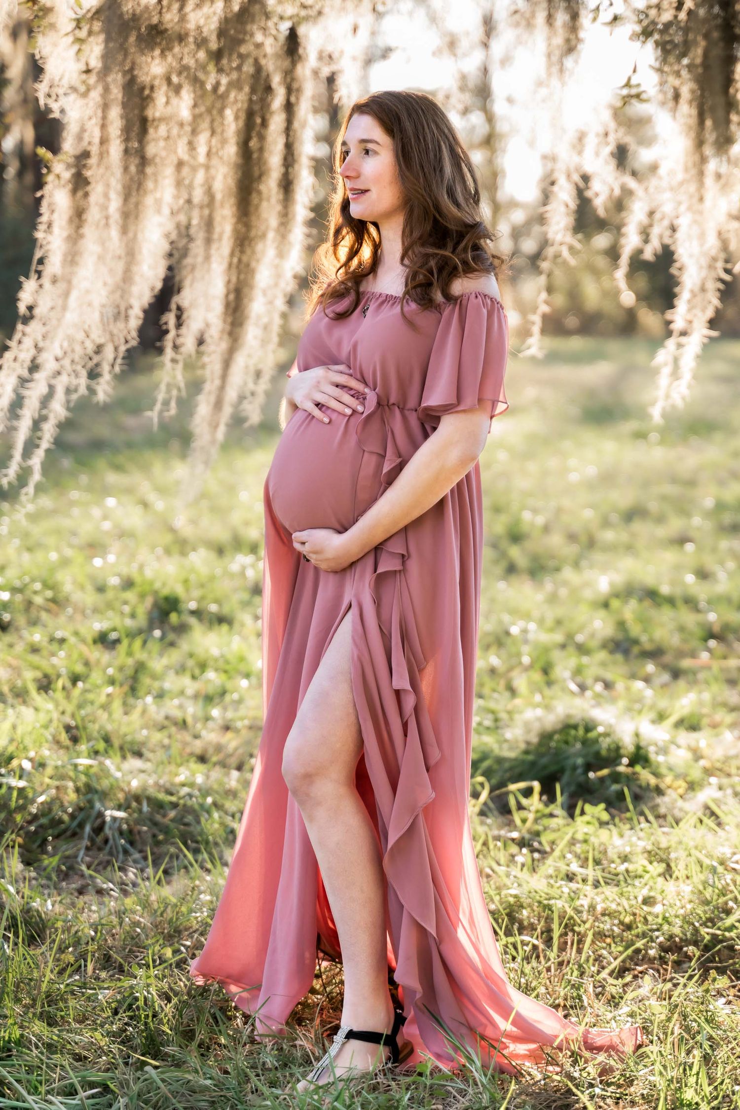 Moncks Corner.Beautiful pregnant woman in flowing dusty rose maternity gown stands under weeping willow trees in golden sunlight.
