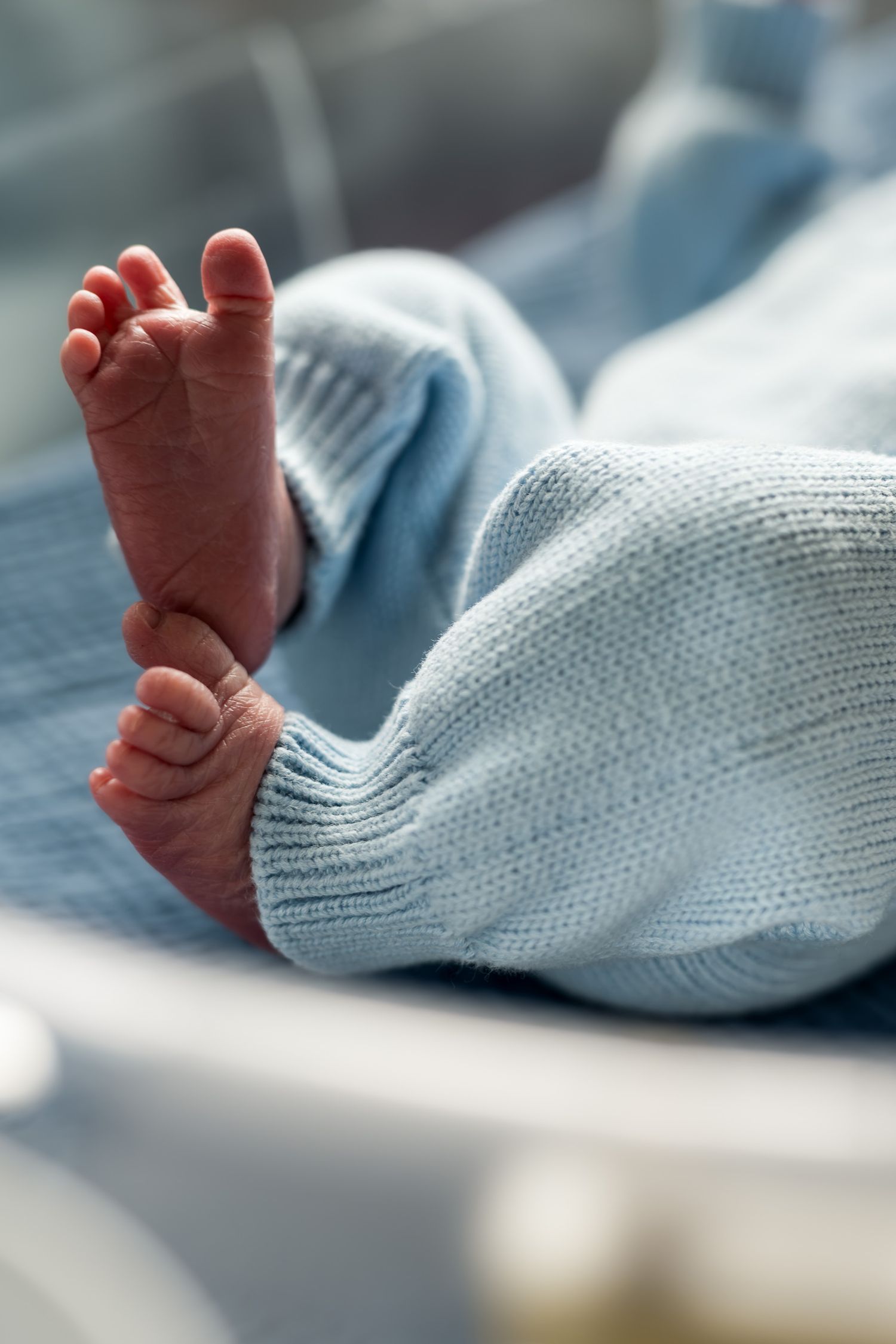 Close-up of tiny newborn baby feet wearing light blue knitted pants.