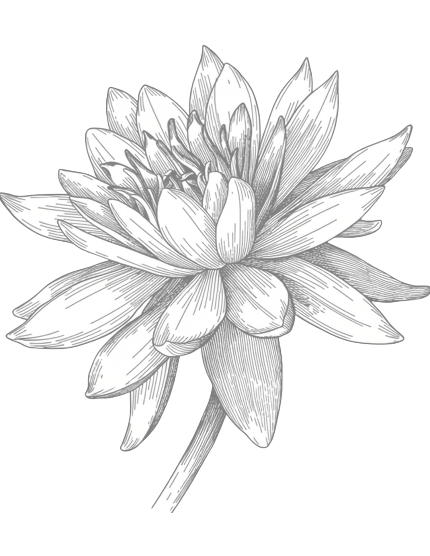 Detailed pencil sketch of a blooming water lily flower with layered petals and stem on white background.