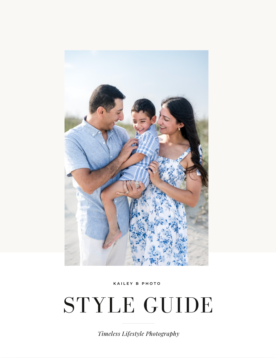 A family of three poses on a beach, with parents holding their toddler, featured on a photography style guide cover.